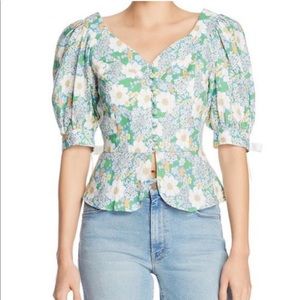 PERSERVERANCE “Mambo Floral Puff Sleeve 100% Linen Top” w Ribbon and Buttons